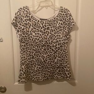 White House/Black Market fitted black, white and taupe animal print top.